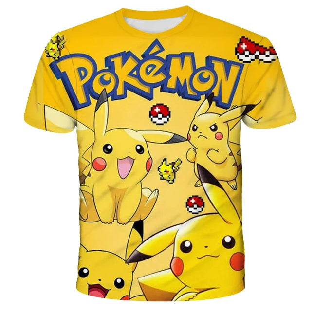Summer Anime Pokemon Boy T-shirt, Pikachu Children's 3D Fashion Casual Children's Cosplay Clothing, Adult Short-sleeved Yellow
