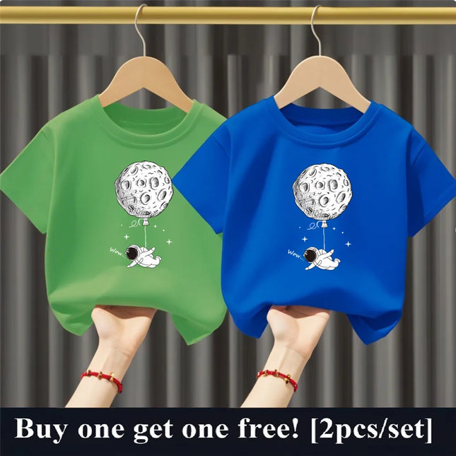2pcs Boys Cartoon Astronaut  Print T Shirt Set Kids Cotton Short Sleeve Outfit Brother Friend Party Summer Tops 3-14years