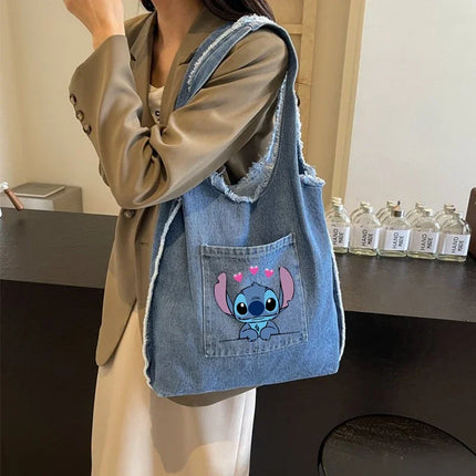 Disney Stitch Fashion Retro Denim Bag Women Anime High-capacity Shoulder Bag Female Students Commute Handbag Popular Tote-bag