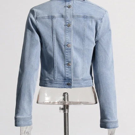 VGH Streetwear Spliced Button Chic Denim Jacket for Women Diagonal Collar Long Sleeve Patchwork Pockets Slim Short Coat Female
