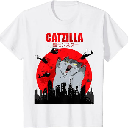 Funny Cute Art Japanese Cat Graphic for Cat Lover Catzilla T-Shirt Graphic T Shirts Women's Clothing Fashion