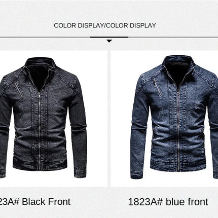 Cowboy jacket men's retro style personalized slim fit stand up collar zipper warm workwear jacket motorcycle riding suit
