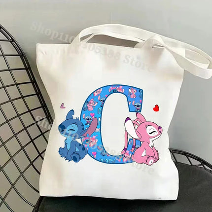 Disney Stitch Fashion Canvas Tote Bag for Women Anime Letter A-Z Printed Shoulder Bag Students Commute Portable Handbags Gifts