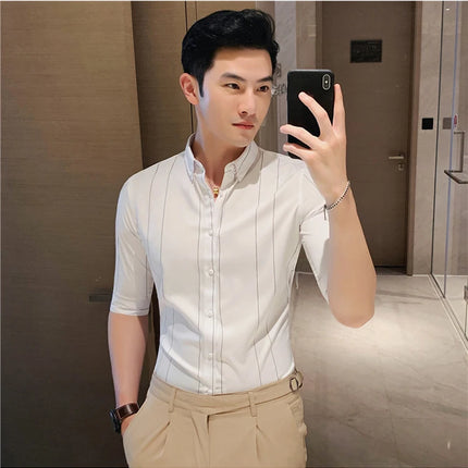 Black/White Summer Half Sleeve Striped Shirts Men 2023 Fashion Business Slim Fit Casual Blouse Social Tuxedos Plus Size 5XL-M