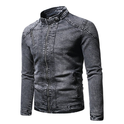 Blue Standing Collar Denim Jacket Men's, Fashion Casual Jacket, Black Gray Overcoat Male Outerwear M L XL XXL XXXL
