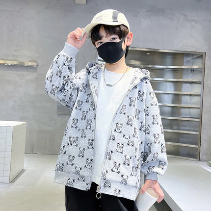 Spring Autumn Boys All-Over Printed Zip Sweatshirt Jackets School Kids Track Hoodie Coat Child Outfit Tops Workout Jumper 3-14Yr