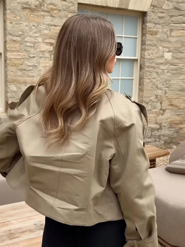 Vintage Women's Short Jacket Pockets Zipper Full Sleeve Khaki Green Thick Coats 2025 Spring Autumn Lady Loose Street Outwear