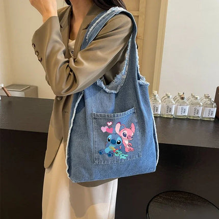 Disney Stitch Fashion Retro Denim Bag Women Anime High-capacity Shoulder Bag Female Students Commute Handbag Popular Tote-bag