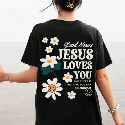 Good News Jesus Loves You Print Summer Women T-Shirt  O-Neck T Shirts Basic All-Match Short Sleeve Breathable Comfortable Tops