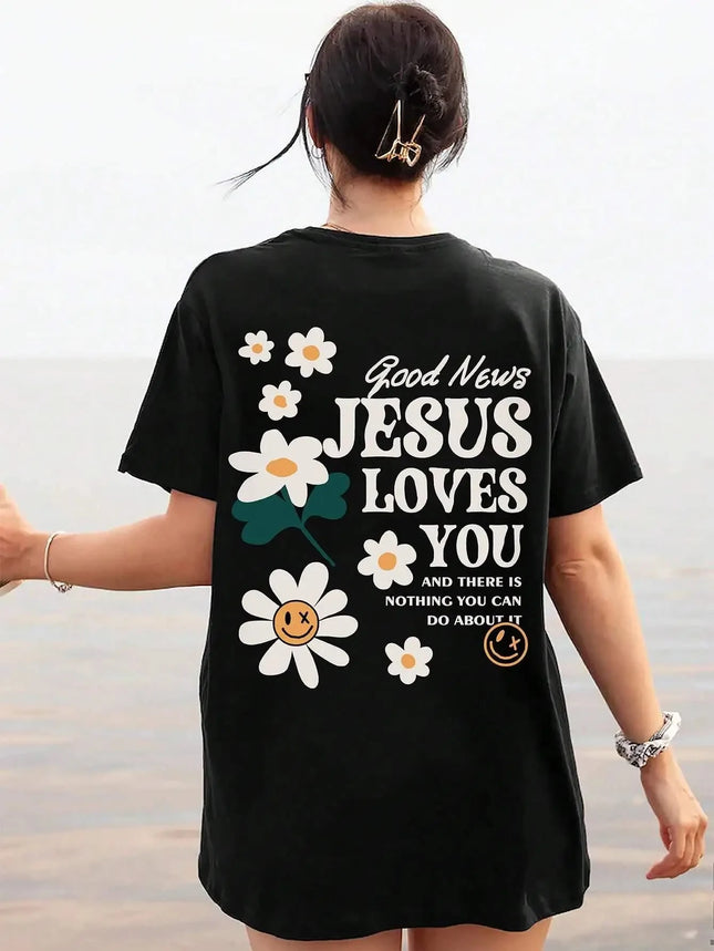 Good News Jesus Loves You Print Summer Women T-Shirt  O-Neck T Shirts Basic All-Match Short Sleeve Breathable Comfortable Tops