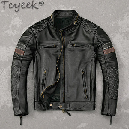 Tcyeek Genuine Leather Jacket Men Top Layer Cowhide Coats Spring Autumn Leather Coat Mens Moto & Biker Jackets Jaqueta Masculina