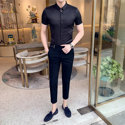 Neckline Embroidery Shirts Men Summer Short Sleeve Slim Fit Casual Shirt Men Solid Color Business Party Dress Shirt Streetwear