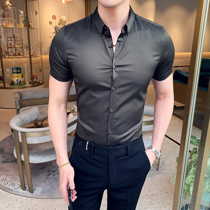 Neckline Embroidery Shirts Men Summer Short Sleeve Slim Fit Casual Shirt Men Solid Color Business Party Dress Shirt Streetwear