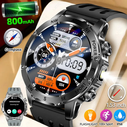 LIGE New 800mAh Super Capacity Battery Men Smart Watch 1.53" HD Bluetooth Call Compass LED Flashlight IP68 Sports Smartwatch Man