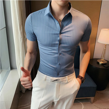 High Quality Ice Silk Traceless Striped Shirt Men's Summer Short Sleeve Slim Casual Business Shirts Tuxedo Men Clothing 4XL-M