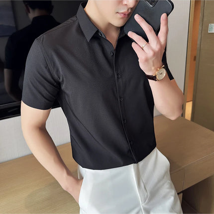 High Quality Ice Silk Elastic Jacquard Shirts 2024 Summer New Men Casual Short Sleeved Slim Fit Business Versatile Shirt 4XL-M
