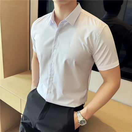 High Quality Ice Silk Elastic Jacquard Shirts 2024 Summer New Men Casual Short Sleeved Slim Fit Business Versatile Shirt 4XL-M