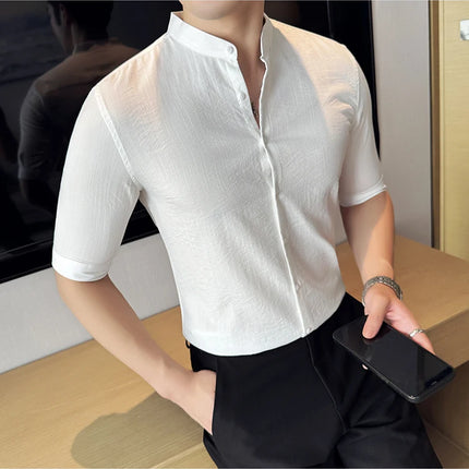 2024 Summer New Chinese Style Linen Shirts Men's Half sleeve Stand-Up Collar Linen Cotton Business Casual Slim Versatile Shirts