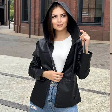 Autumn 2024 new women's fashion casual Joker temperament commuting slim zipper hooded leather jacket.