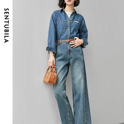 SENTUBILA 100% Cotton Washed Denim Jacket for Women 2025 Spring Retro Loose Patchwork Pockets Leather Logo Coat W43C56148