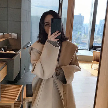 Thickened Hebridean Style Double-sided Woolen Jacket For Women Winter Loose-fit Hooded Overcoat 300lbs Mmplus Size