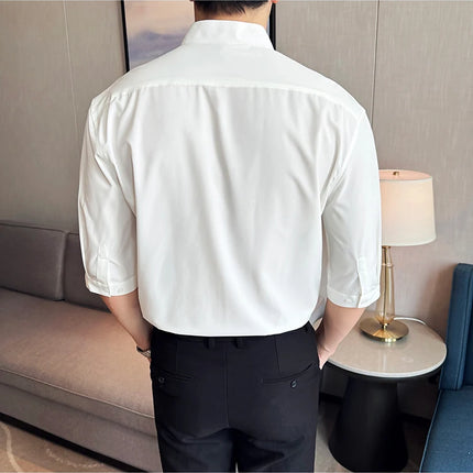 High Quality Chinese Style Stand Up Neck Shirt Men's Summer Mid Sleeved Slim Fit Casual Social Business Blouse Homme 4XL-M