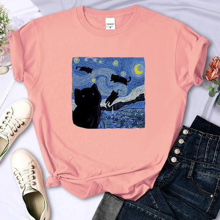 The Starry Cat Night Women T Shirts Fashion Breathable Cool Short Sleeve Street Hip Hop Tops Casual All-math Female Tee Clothing