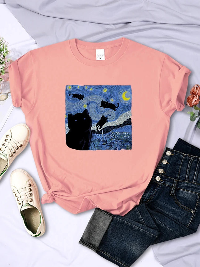The Starry Cat Night Women T Shirts Fashion Breathable Cool Short Sleeve Street Hip Hop Tops Casual All-math Female Tee Clothing
