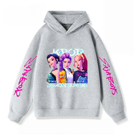 Gray Hoodies Trendy Casual Clothing Long Sleeve For Girls Child K-pop Demon Hunters Clothing Toddler New Printing Hooded Tops