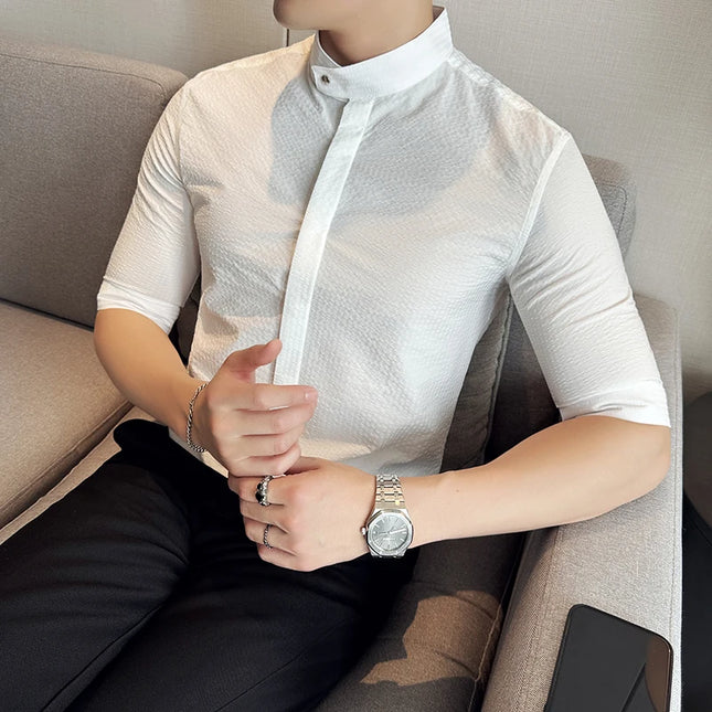 New Chinese Style Stand Up Collar Slim Fit Half Sleeved Shirts Men High Quality Striped Elegant Shirt Summer Social Party Dress