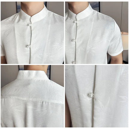 2024 Summer Chinese Style Standing Collar Shirts For Men Fashion Print Short Sleeve Slim Fit Casual Social Party Tuxedo 4XL-M