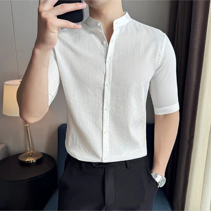 2024 Summer New Chinese Style Linen Shirts Men's Half sleeve Stand-Up Collar Linen Cotton Business Casual Slim Versatile Shirts