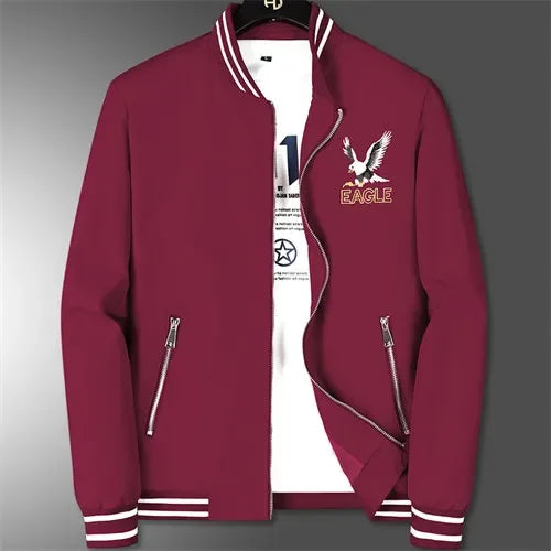 White Men's Embroidered Long Sleeve Jacket, Baseball Collar Casual Coat, Asian Size Black Blue Red Outerwear M-5XL