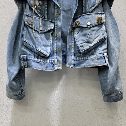 WTHT Fashion Women Metal Chain Decoration 3D Pocket Cargo Denim Jacket 2025 Summer Trendy Lapel Long Sleeves Coat Female 1LS1390