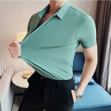6 Colors Summer Ice Silk No Trace High Elasticity Shirt Men High Quality Short Sleeve Slim Fit Casual Business Dress Shirt 4XL-M
