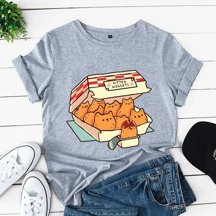 Kitten Nuggets Fast Food Cat Print Women T Shirt Duck with Knife Cartoon T-shirts Duck Around and Find Out Funny Tshirt Tops Y2k