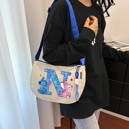 Stitch Fashion Nylon Shoulder Bag for Women Cartoon Letter A-Z Printed Crossboby Bags Girls Portable Simple Zipper Handbag Gifts