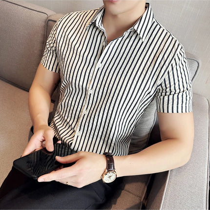 2025 Summer Fashion Vertical Striped Shirts Luxury Men's Short Sleeved Slim Fit Casual Pleated Business Shirt Men Clothing 4XL-M