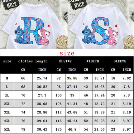Disney Stitch T-shirts for Women Men Anime Letter A-Z Printed Short Sleeved Shirt Female Male Summer Fashion Top Adults Clothes