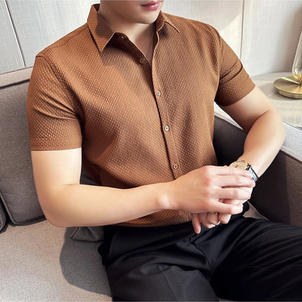 2024 Summer Waffle Shirt Luxury Men's Slim Fit Casual Short Sleeved Business Versatile Dress Shirt Men Clothing Plus Size 4XL-M