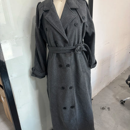 Elegant Shawl Collar Lace Up Long Woolen Coat Women Full Sleeve Belt Lapel Thick Overcoat 2025 Autumn Winter Lady Chic Outwear