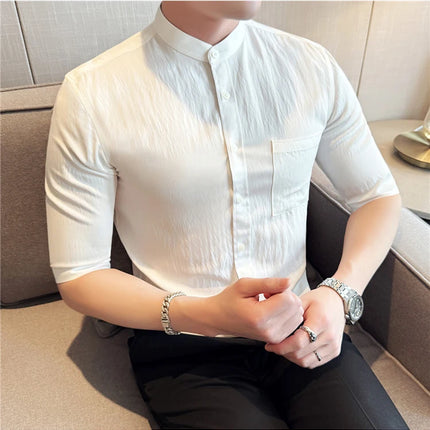 Summer New Chinese Style Stand Up Collar Shirt High Quality Slim Fit Half Sleeved Casual Social Party Shirt Men's Clothing 4XL-M