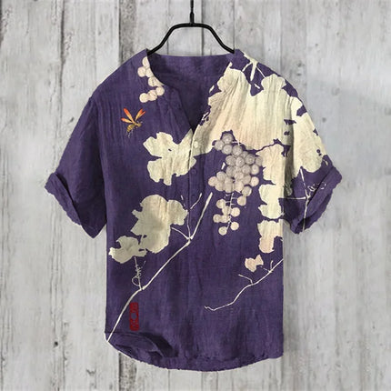 New pine tree landscape 3D printing stand collar short sleeve shirt foreign trade fashion casual loose bamboo fiber linen shirt
