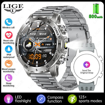LIGE New 800mAh Super Capacity Battery Men Smart Watch 1.53" HD Bluetooth Call Compass LED Flashlight IP68 Sports Smartwatch Man