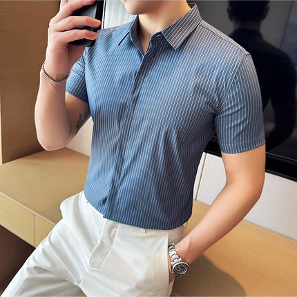 2024 Summer Fashion Vertical Striped Shirts Luxury Men's Hidden Button Short Sleeved Slim Fit Casual Business Shirt Men Clothing