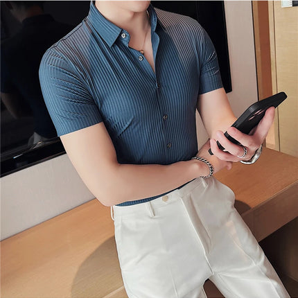 2024 Summer High Elasticity Seamless Short Sleeve Shirts Fashion Stripes Men Business Formal Wear Slim Fit Casual Dress Shirt