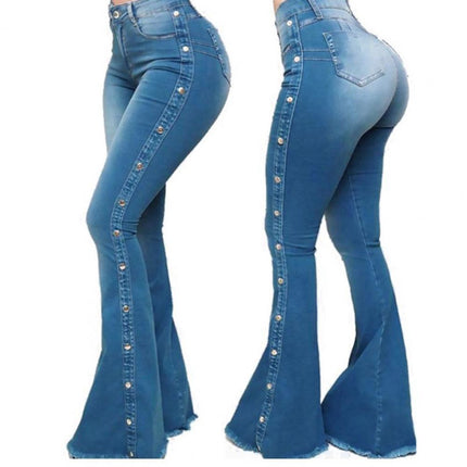 Women Wide Leg Flare Denim Trousers Sexy Jeans Trousers Washed Flare Jeans Breathable Stretchy Rivet Decor Denim Flare Jeans
