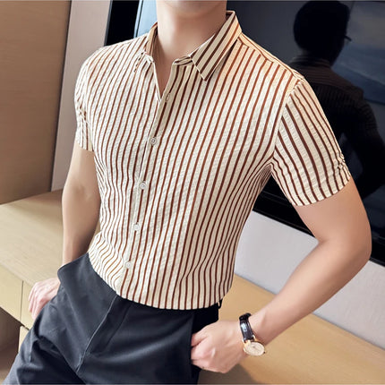 2025 Summer Fashion Vertical Striped Shirts Luxury Men's Short Sleeved Slim Fit Casual Pleated Business Shirt Men Clothing 4XL-M