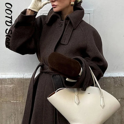 Elegant Stand Collar Overcoat Women Single Breasted Full Sleeve Solid Long Loose Coats 2025 Autumn Winter Chic Warm Lady Outwear