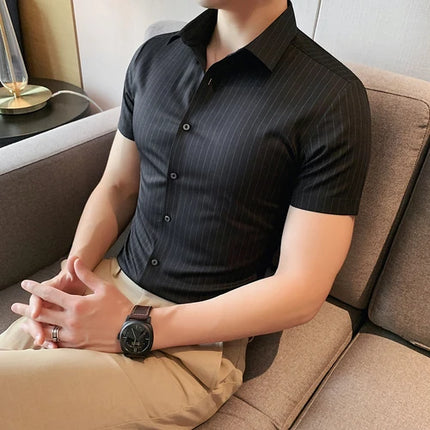 High Quality Ice Silk Traceless Striped Shirt Men's Summer Short Sleeve Slim Casual Business Shirts Tuxedo Men Clothing 4XL-M